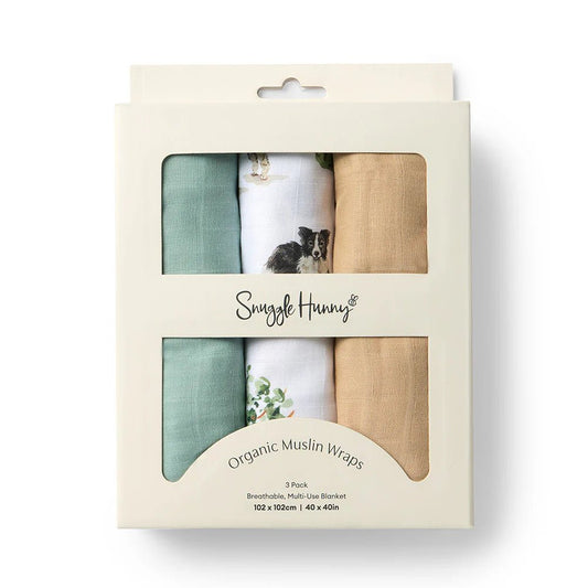 Large Organic Muslin Wraps 3 Pack - Sage/Dog Park/Pebble - Aster & Ruby