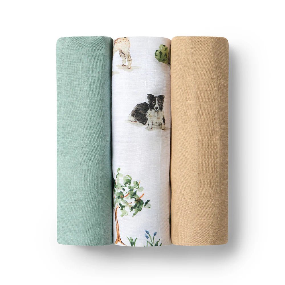 Large Organic Muslin Wraps 3 Pack - Sage/Dog Park/Pebble - Aster & Ruby