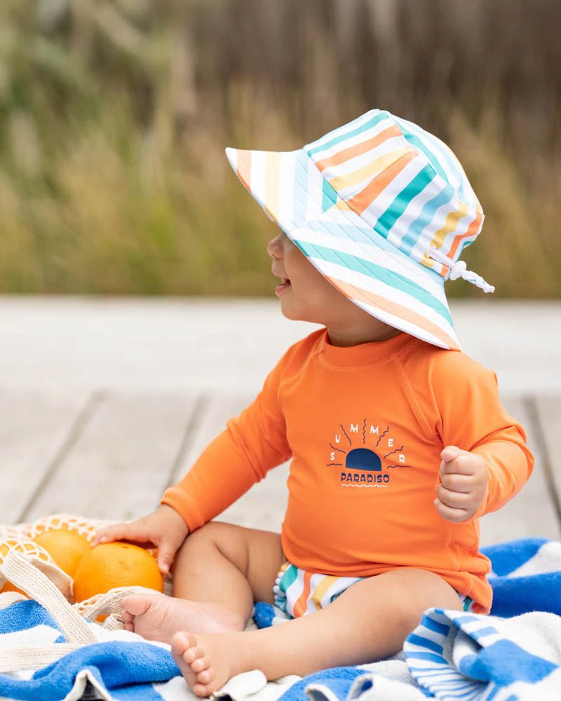 Luca Stripe Swim Hat with Quick Release Neck Tie - Aster & Ruby