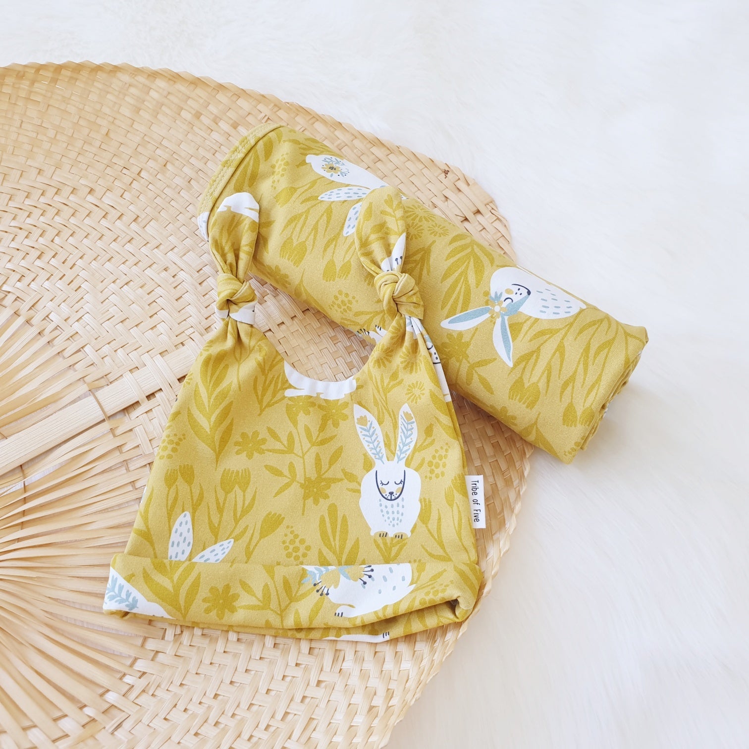 Mustard Bunny Beanie Swaddle Set-Aster & Ruby