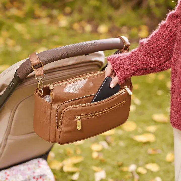 OiOi Multitasker Pram Caddy - Chestnut Brown Vegan Leather - Aster & Ruby