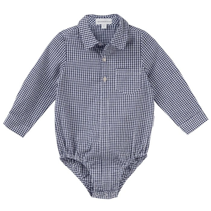 Oliver Long Sleeve Gingham Romper Navy-Aster & Ruby