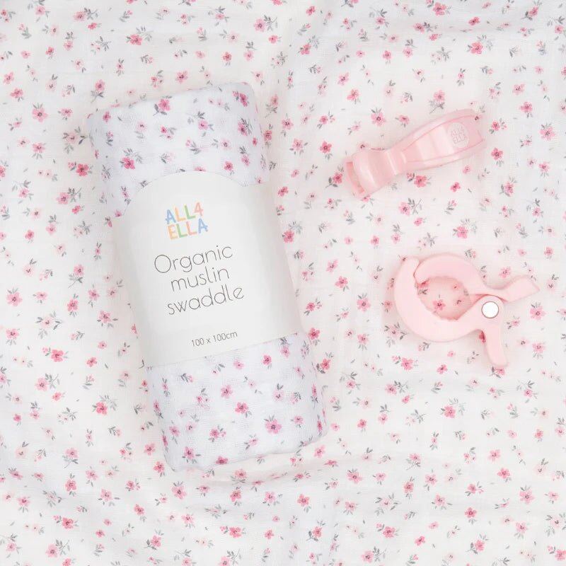 Organic Muslin Swaddle & 2 Pram Peg Gift Set - Pink Petals – Aster & Ruby
