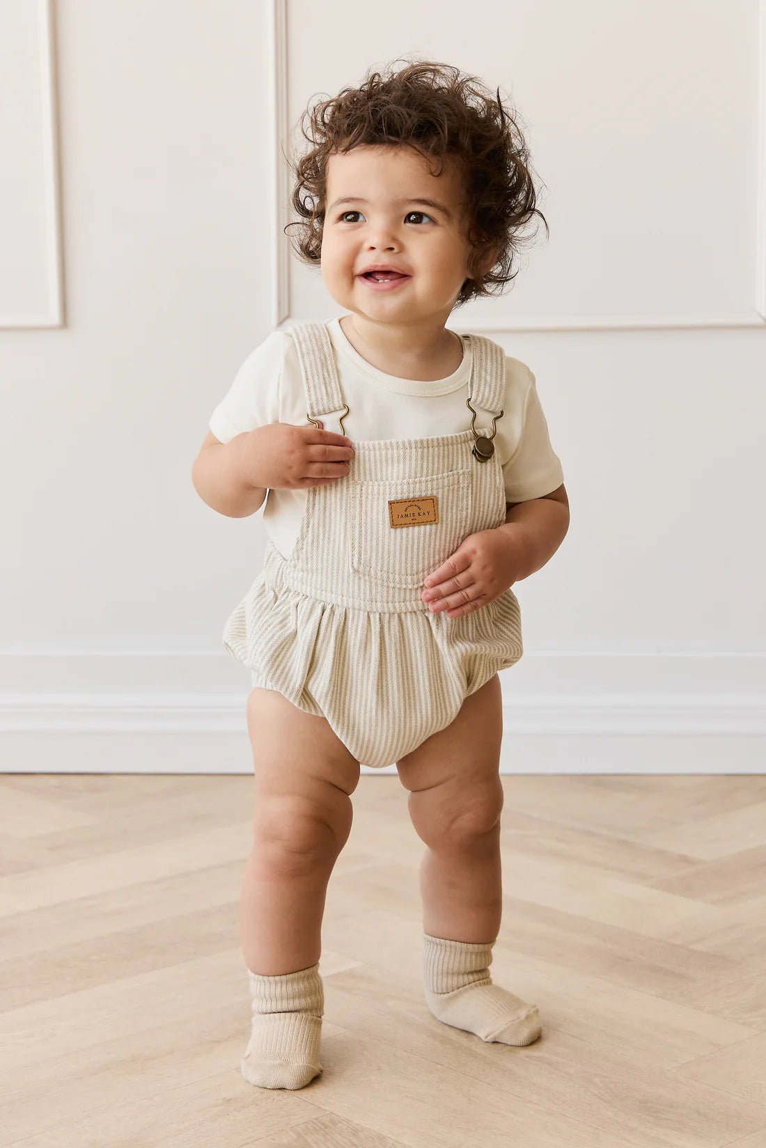 Pax Playsuit - Fine Vertical Stripe Sandy Brown/Cloud - Aster & Ruby