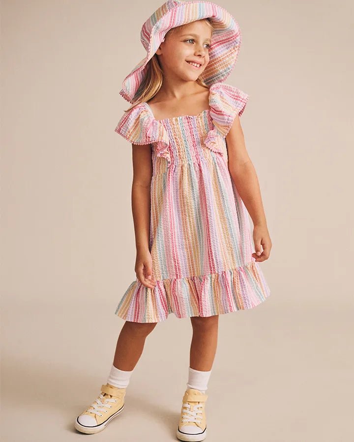 Rainbow Stripe Shirred Frill Dress - Aster & Ruby