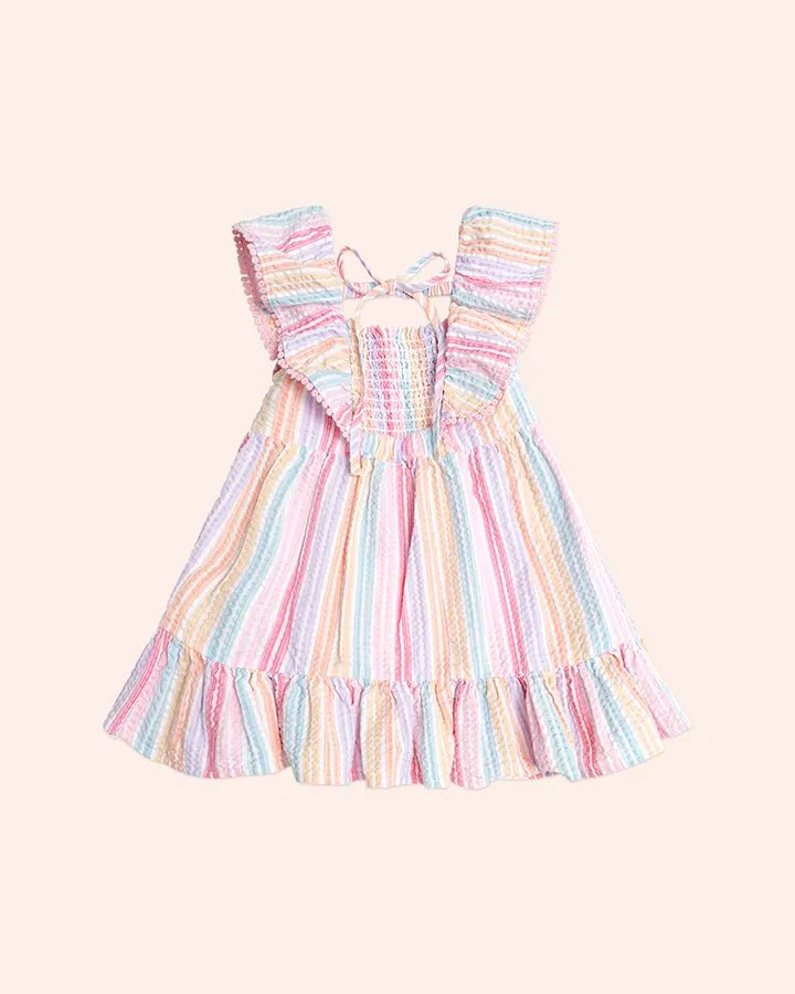 Rainbow Stripe Shirred Frill Dress - Aster & Ruby