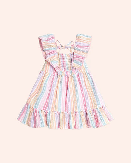 Rainbow Stripe Shirred Frill Dress - Aster & Ruby