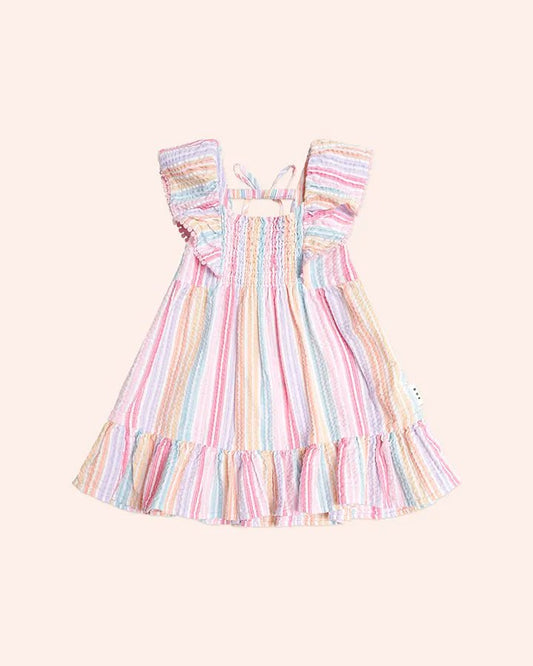 Rainbow Stripe Shirred Frill Dress - Aster & Ruby