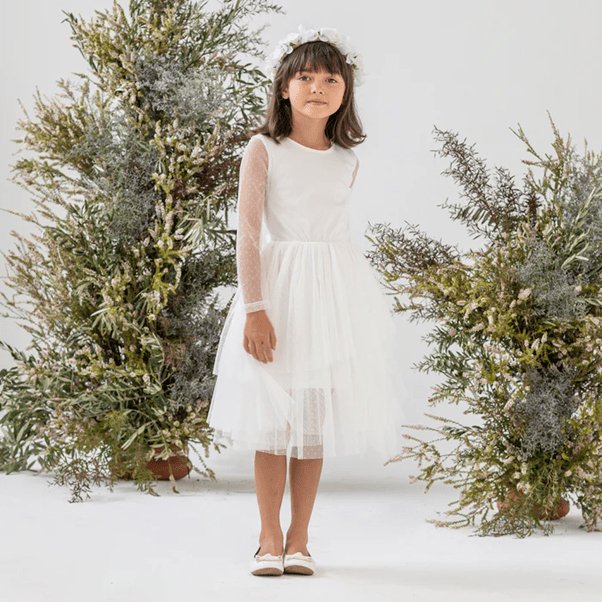 Sally Long Sleeve Spot Tutu Dress Ivory-Aster & Ruby