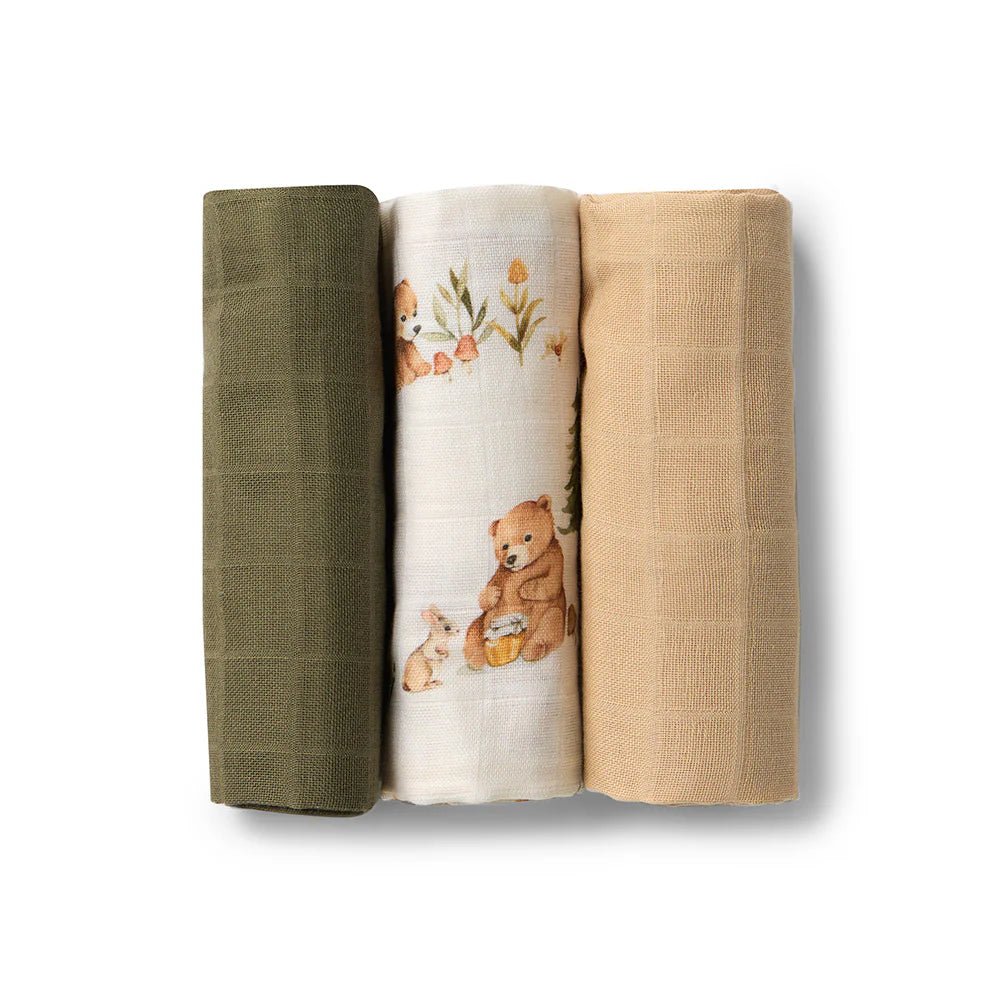 Small Organic Muslin Cloths 3 Pack - Olive/Bear/Pebble - Aster & Ruby