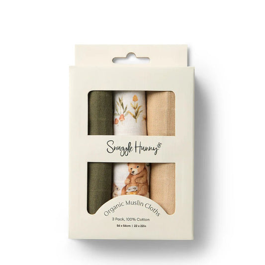 Small Organic Muslin Cloths 3 Pack - Olive/Bear/Pebble - Aster & Ruby