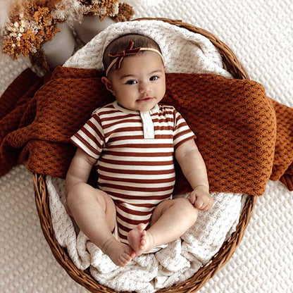 Snuggle Hunny Biscuit Stripe Short Sleeve Bodysuit-Aster & Ruby