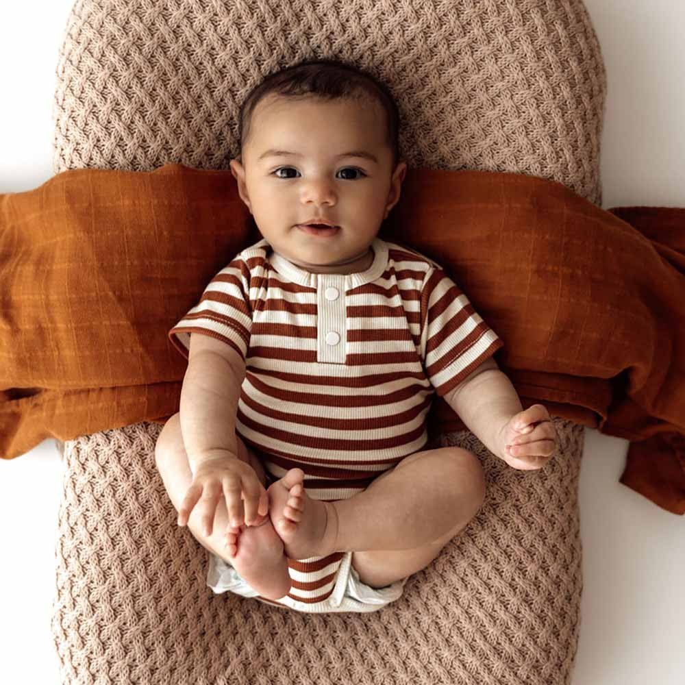 Snuggle Hunny Biscuit Stripe Short Sleeve Bodysuit-Aster & Ruby