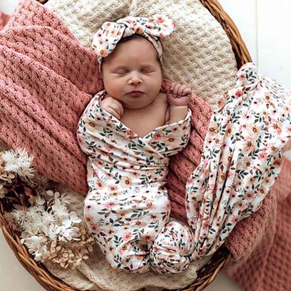 Snuggle Hunny Organic Jersey Wrap & Topknot Set - Spring Floral - Aster & Ruby