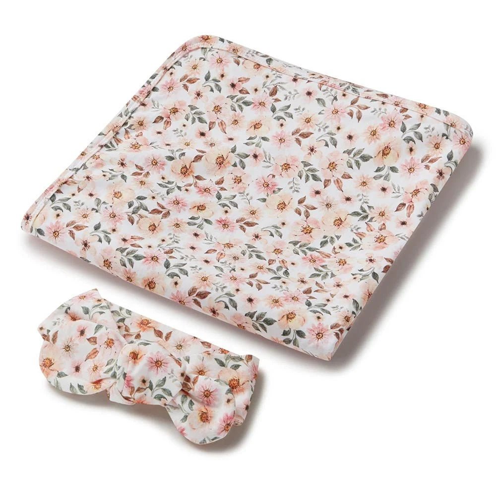 Snuggle Hunny Organic Jersey Wrap & Topknot Set - Spring Floral - Aster & Ruby