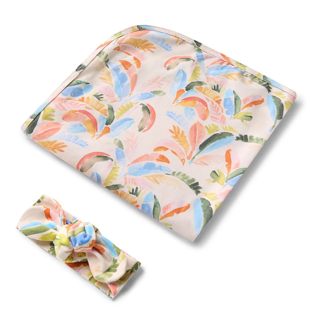 Summer Palm Organic Jersey Wrap & Topknot Set - Aster & Ruby