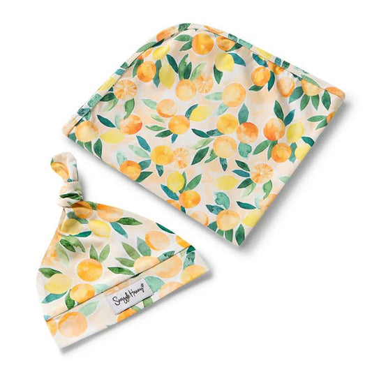 Sunny Citrus Organic Jersey Wrap & Beanie Set - Aster & Ruby