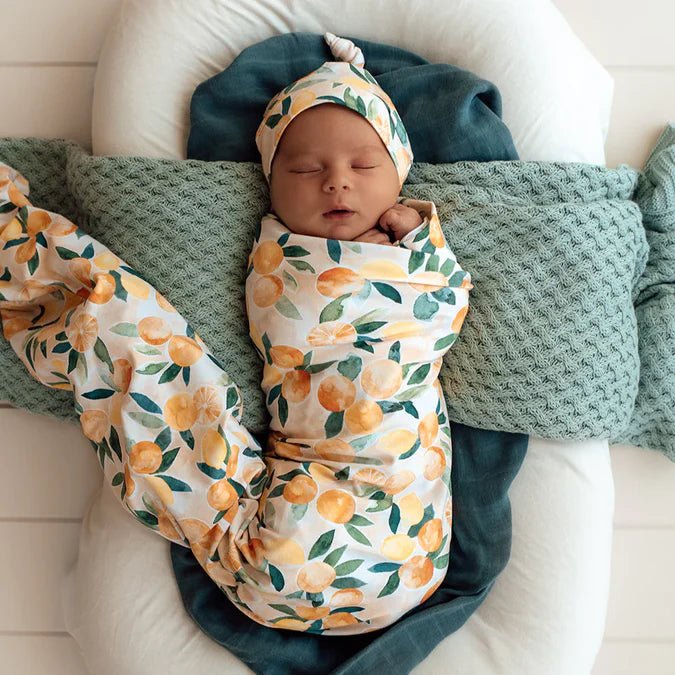 Sunny Citrus Organic Jersey Wrap & Beanie Set - Aster & Ruby