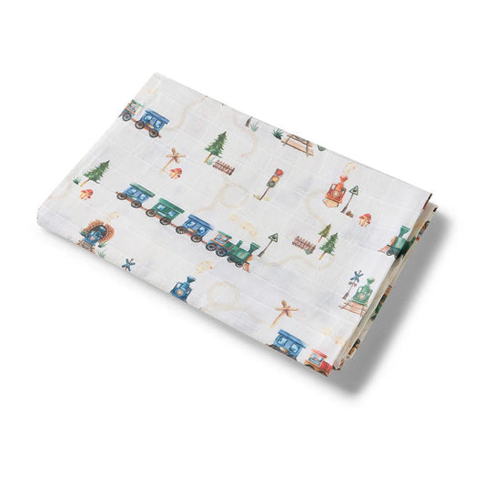 Trains Organic Muslin Wrap - Aster & Ruby