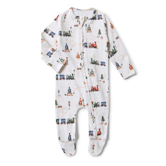 Trains Organic Snuggle Sleepsuit Zip Footie - Aster & Ruby