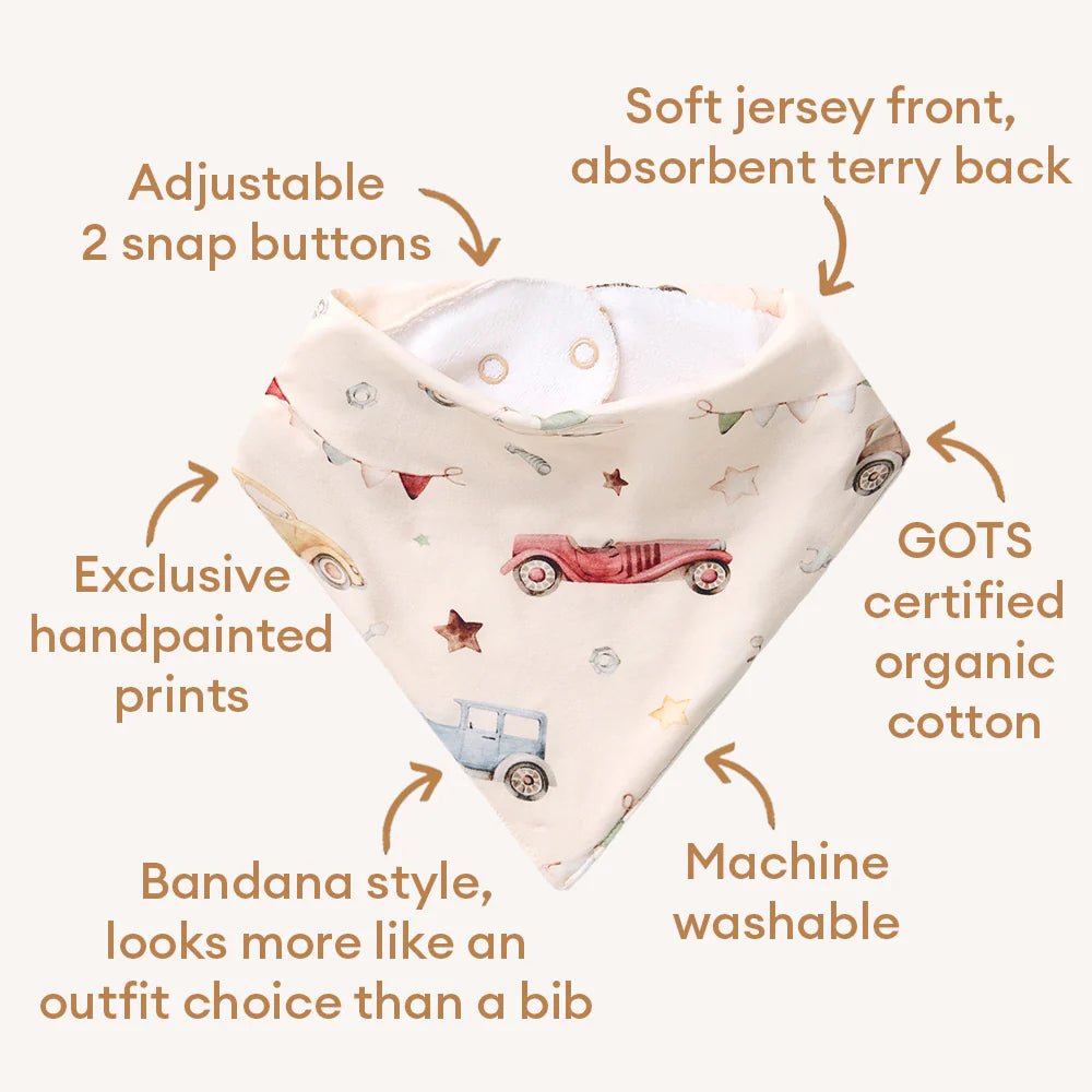 Vintage Cars Organic Dribble Bib - Aster & Ruby