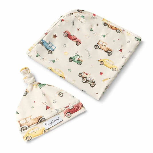 Vintage Cars Organic Jersey Wrap & Beanie Set - Aster & Ruby