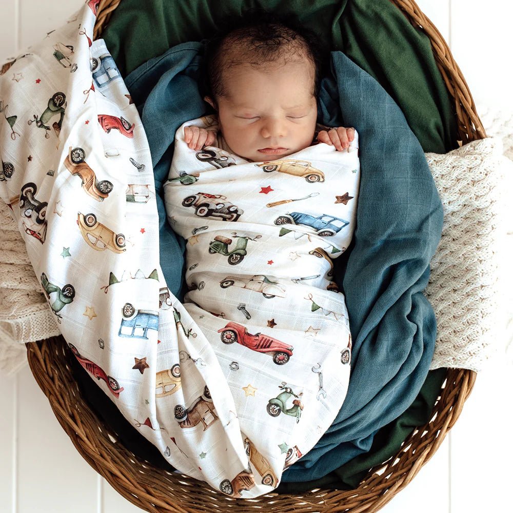 Vintage Cars Organic Muslin Wrap - Aster & Ruby