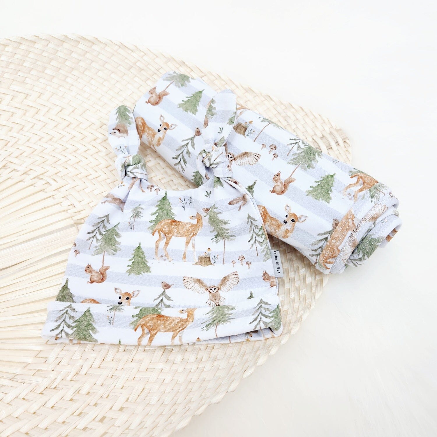 Woodland Stripe Beanie Swaddle Set-Aster & Ruby