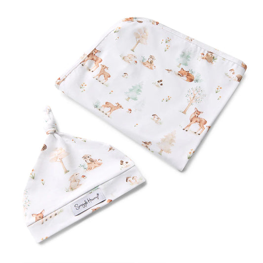 Organic Jersey Wrap & Beanie Set Woodland Tales