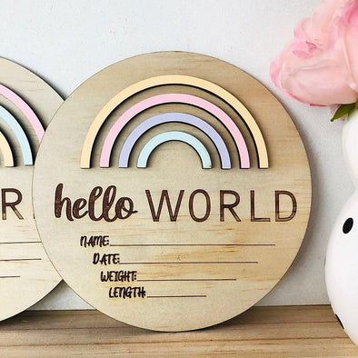 Timber Tinkers Hello World Rainbow Birth Announcement Pastel