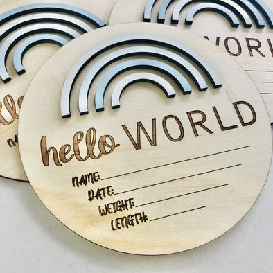 Timber Tinkers Hello World Rainbow Birth Announcement Blue Skies