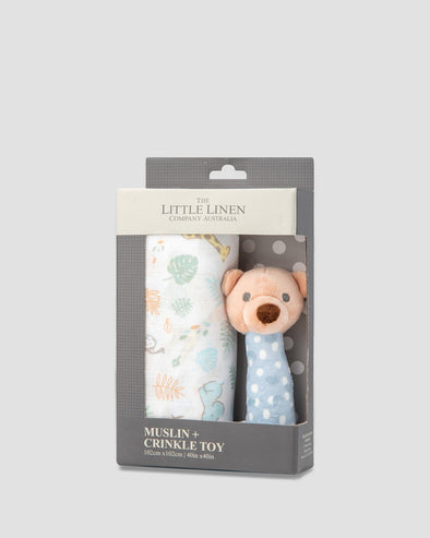Muslin Wrap & Crinkle Toy Set Safari Bear
