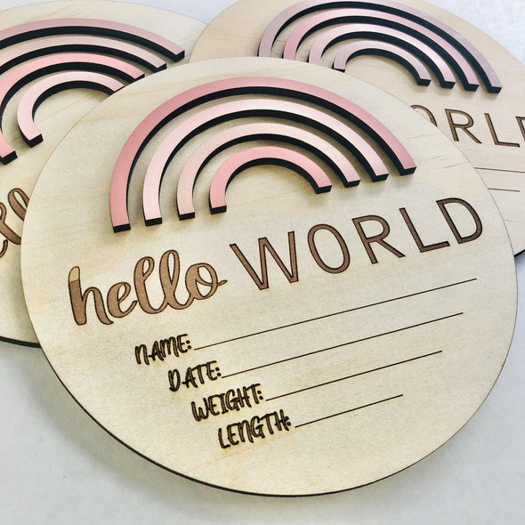 Timber Tinkers Hello World Rainbow Birth Announcement Pretty Pinks