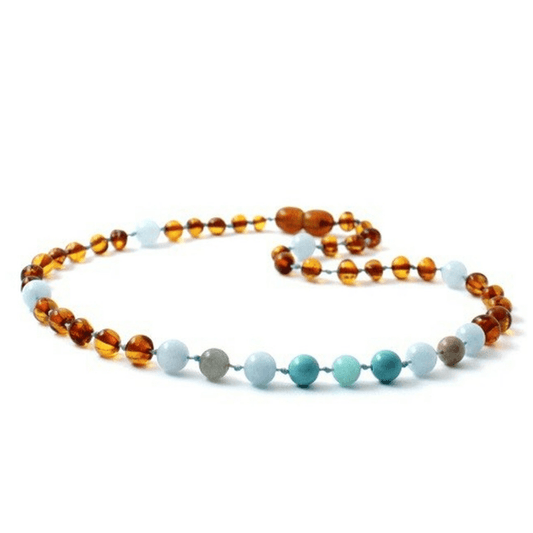 Amber Necklace Cognac, Labradorite, Aquamarine, Turquoise and Amazonite | Baby 32cm - Aster & Ruby