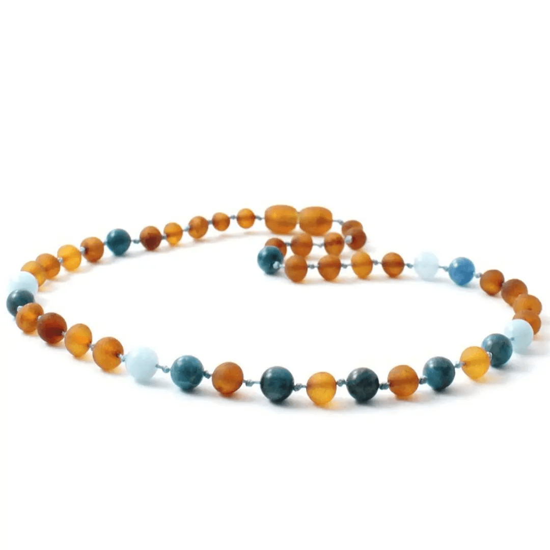 Amber Necklace Cognac Raw, Apatite and Aquamarine | Baby 32cm - Aster & Ruby