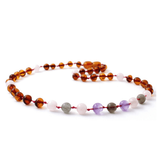 Amber Necklace Cognac, Rose Quartz, Smoky Quartz, Labradorite and Amethyst | Baby 32cm - Aster & Ruby