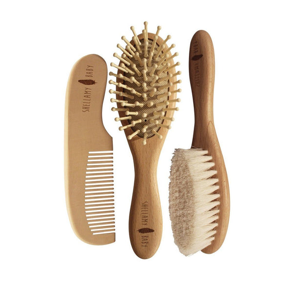 Shellamy Baby 3 Piece Wooden Baby Hairbrush and Comb Set